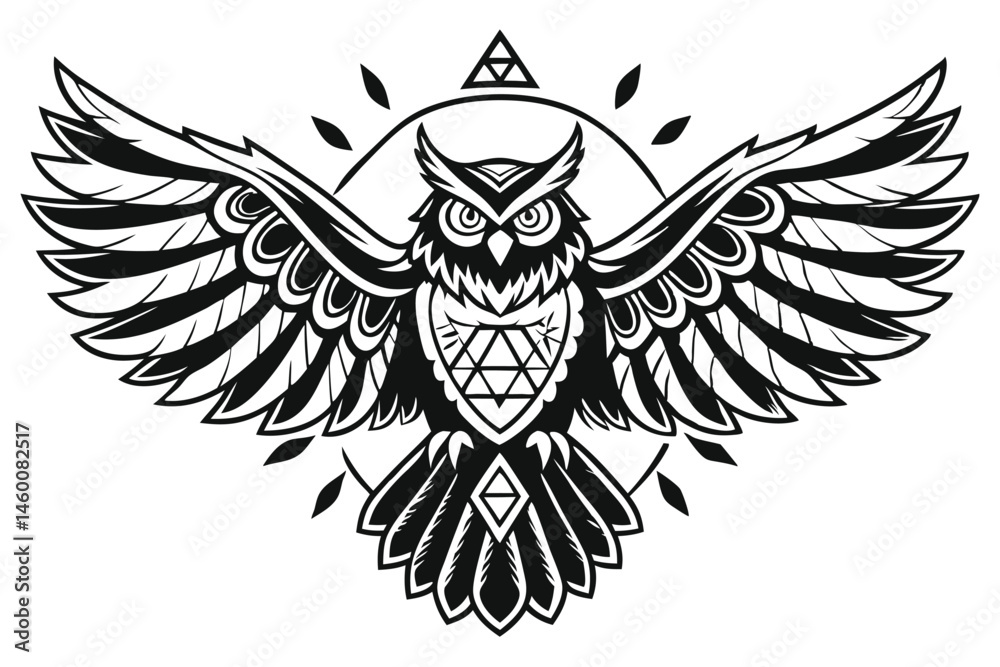 Obraz premium 74 Stylized owl illustration, black and white, tribal art, symmetrical design, spread wings, intricate feather patterns, geometric shapes, bold lines, contrasting textures, fierce gaze, ornate details