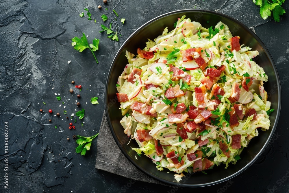CRISPY CABBAGE SALAD WITH BACON AND MUSTARD MAYONNAISE Served in Bowl TOp view CRISPY CABBAGE SALAD WITH BACON AND MUSTARD MAYONNAISE Served in Bowl TOp view