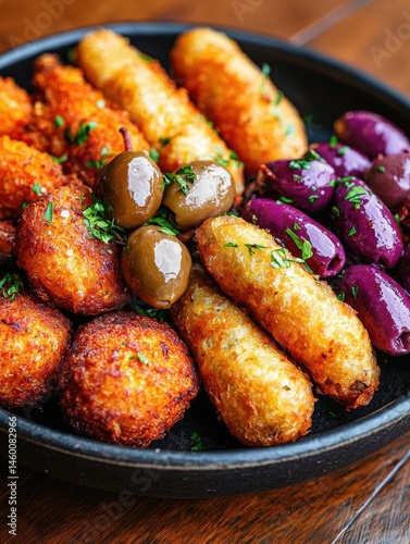 Black bowl filled with a variety of appetizers. on the left side of the bowl, there are several golden-brown tater tots, which appear to be fried and have a crispy texture.