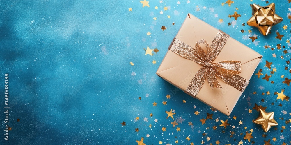 Obraz premium Gift box on beautiful blue background with sparkling stars, ready for celebration during new year festivities