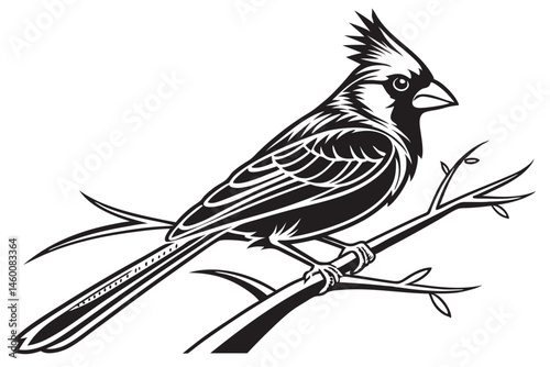 75 Black and white illustration, cardinal bird, silhouette, perched on branch, detailed feathers, crested head, long tail, side view, bold graphic style, high contrast, clean lines, minimalist design,