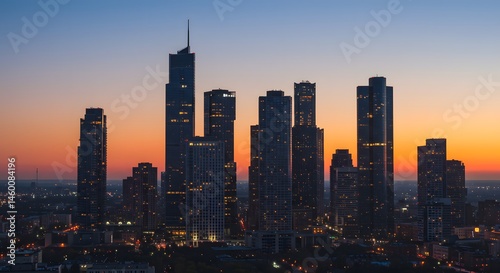 Horizontal city skyline at dusk featuring modern towers with lights 
