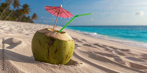 Refreshing Coconut Drink on a Tropical Beach – A Relaxing Getaway