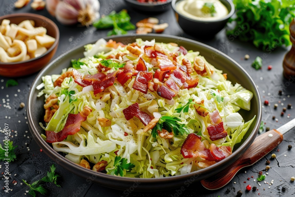 crispy cabbage salad with bacon and mustard mayonnaise styled for food photography with spices, herbs, and a dark background crispy cabbage salad with bacon and mustard mayonnaise styled for food photography with spices, herbs, and a dark background