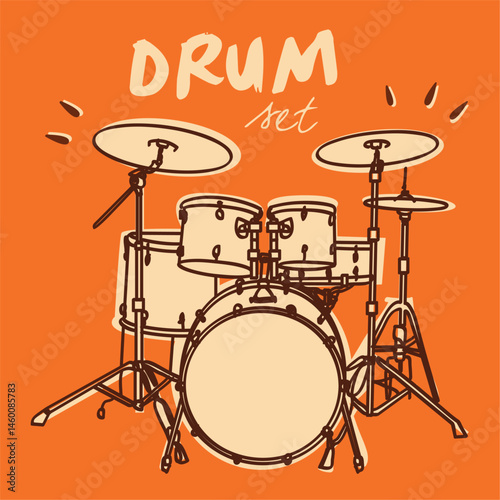 Retro-style illustration of a drum set with cymbals and bass drum. Ideal for music-themed designs, educational content, or vintage artwork with a rock or jazz vibe.
