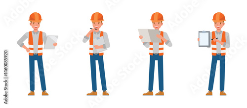 Construction worker character vector illustration design set. Men thinking looking and showing clipboard.