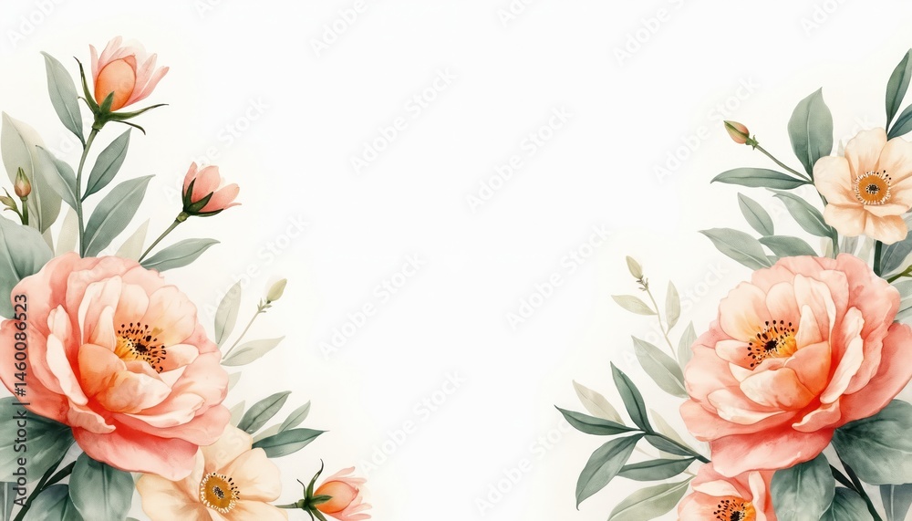 Fototapeta premium Watercolor floral illustration flowers, white background. Artistic botanical drawing suitable design, presentation, greeting cards, invitations. Delicate elegant pastel colors peach, pink, orange,