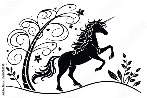 77 Silhouette unicorn, flowing mane and tail, black and white illustration, elegant curves, magical creature, fantasy art, detailed linework, whimsical design, mythical beast, stylized vector graphic,