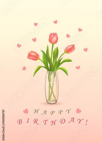 Three pink tulips in a vase and the inscription with congratulations in English HAPPY BIRTHDAY! on a vertical pink background with hearts. Greeting cards. Vector illustration.