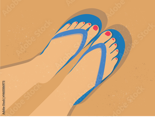 Retro-style illustration of a woman’s feet in flip-flop sandals on a sandy beach. Perfect for summer, travel, vacation themes, or vintage-inspired editorial and design projects