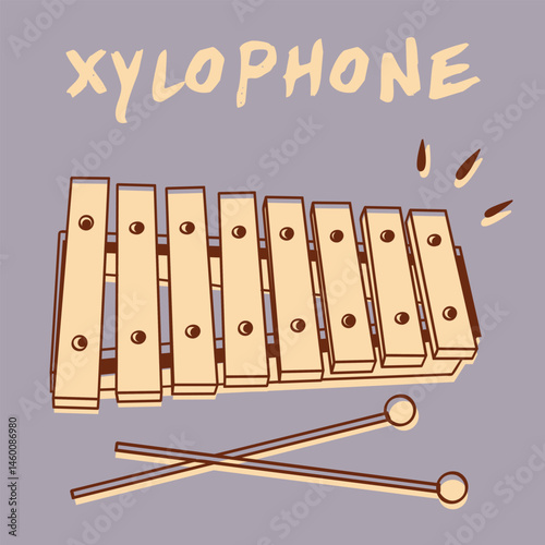 Retro-style illustration of a colorful xylophone with mallets. Perfect for music education, children’s learning materials, or vintage-themed design projects.