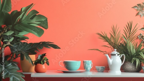 Wallpaper Mural Vintage tea set on coral wall background with plants for retro style interior design inspiration Torontodigital.ca