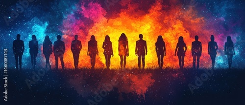 Silhouetted figures stand before a vibrant cosmic backdrop of fire and nebulae.  The scene evokes themes of unity, power, and the unknown