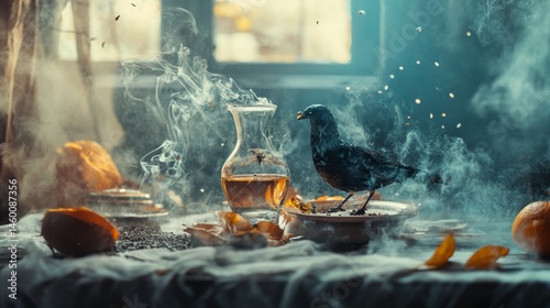 Tea ceremony still life with steam, glass teapot and scattered herbs for cozy aromatic warm drink scene