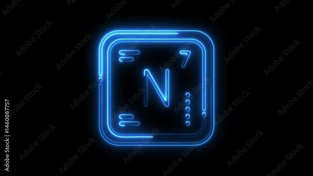 Neon periodic table element nitrogen animation glowing blue on black background Neon periodic table element nitrogen animation glowing blue on black background