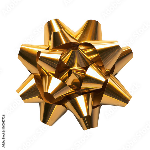Close up of a shiny gold gift bow against a dark backdrop