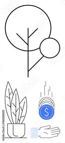 Tree, potted plant, and hand catching falling coins, emphasizing eco-friendly growth, environmental care, and financial investments. Ideal for ecology, finance, sustainability growth economy