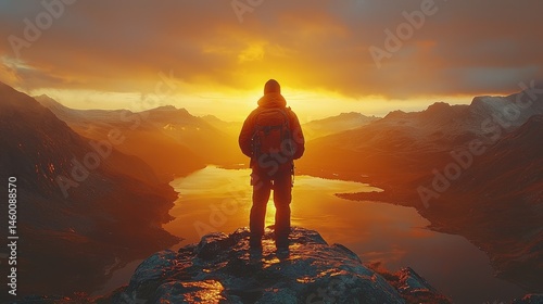 Silhouetted hiker on a mountaintop, gazing at a vibrant sunset over a serene lake and majestic mountain range