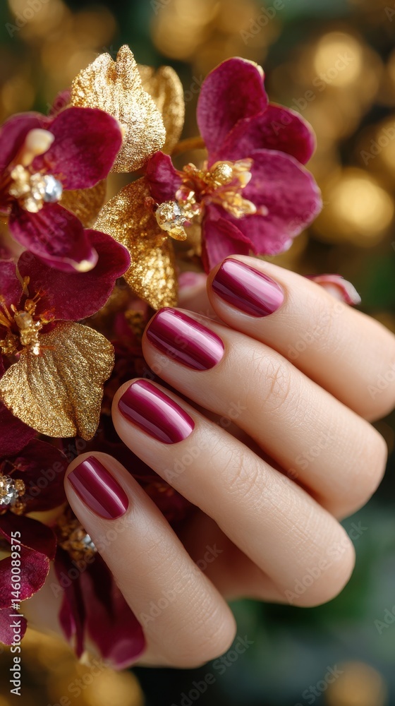 Elegant Manicured Hand Holding Burgundy Flowers with Gold Accents for Beauty and Fashion Elegant Manicured Hand Holding Burgundy Flowers with Gold Accents for Beauty and Fashion