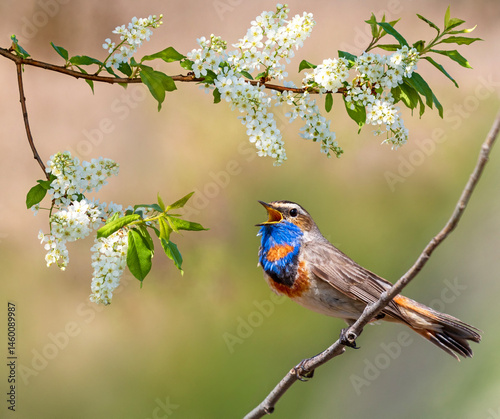 bright bluethroat bird sits on branches of blooming bird cherry in spring sun...