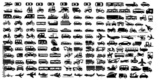 Transportation Silhouettes Pack: comprehensive collection of silhouettes capturing essence of every mode of transport. Perfect for Posters, Tshirt Design, Mugs, Stickers, branding & creative project.