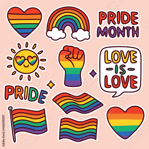 Colorful sticker set with LGBT pride symbols including rainbow, heart, fists and flags with love is love text