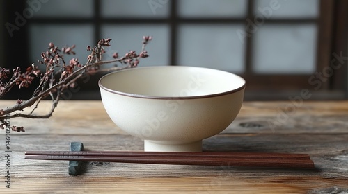 Simple ceramic bowl with chopsticks on wooden table, minimalist setting