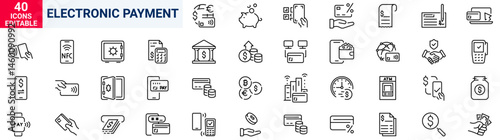 Electronic Payment . Linear icon set. Payment options. Outline payment method symbols. Money transfer. Banking, credit card, cash and transaction symbol. Vector illustration