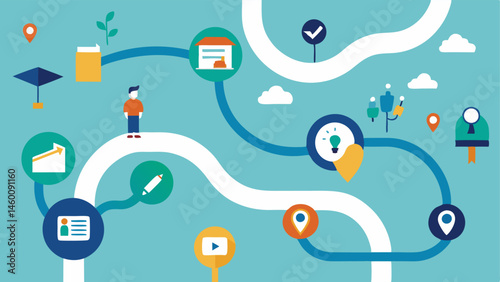 Dynamic Learning Pathways A winding road with various branching paths illustrating different subjects and skills with icons showing the student choosing their preferred learning