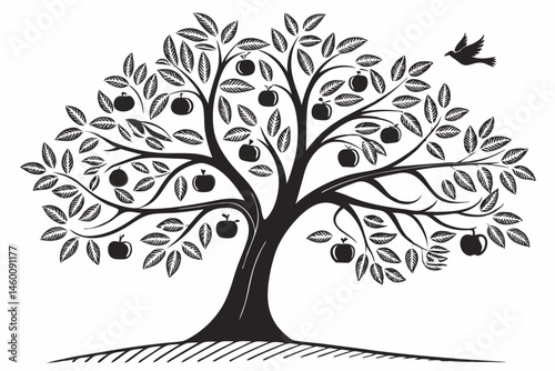 80 Black and white illustration, apple tree silhouette, stylized design, symmetrical composition, round fruit shapes, dense foliage, organic curves, botanical artwork, vector graphic style, minimalist