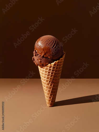 Waffle cone filled with a scoop of chocolate ice cream. the ice cream is a rich, dark brown color and appears to be freshly made.