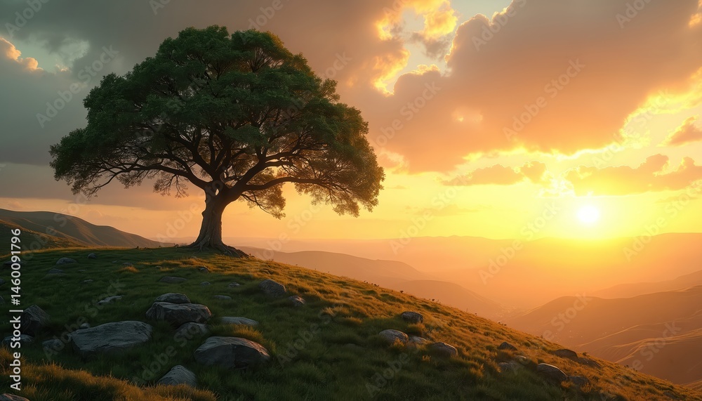 Fototapeta premium Lone tree on hill at sunset. Scenic landscape with orange sky, sunlight. Nature beauty, serenity, strength, resilience. Illustration generative AI, peaceful scene, environmental awareness.