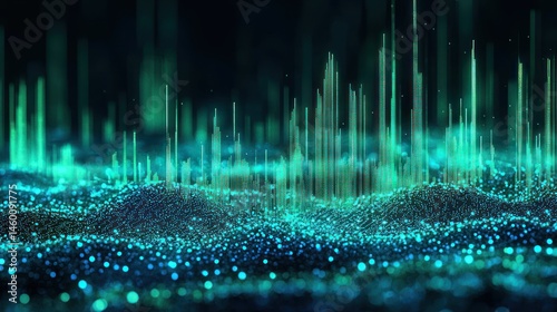 Abstract teal data visualization with glowing particles and lines forming a landscape.