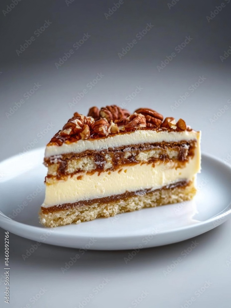 The image is of a slice of cake on a white plate. the cake appears to be a layered dessert with a layer of white cream on top. the cream is drizzled with caramel sauce and topped with chopped pecans.