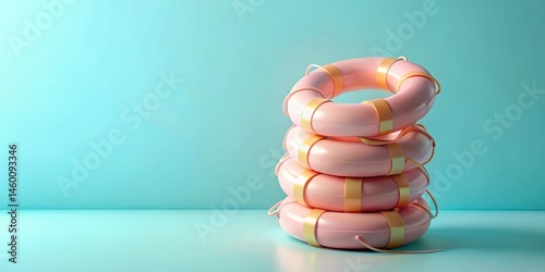 A stack of pink life preservers with golden accents against a light blue backdrop.  They sit in a simple minimalist studio setting, suggesting a serene and calming environment.