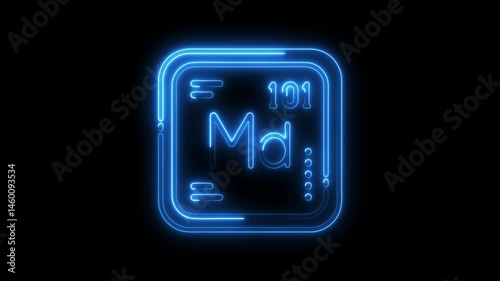 Glowing neon element 101 mendelevium periodic table symbol animation on black background