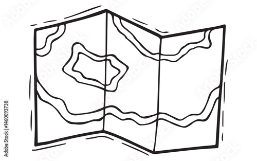 Hand-drawn vector topographic map illustration in black and white. Folded map with contour lines, ideal for travel, navigation, hiking, and adventure-themed designs or educational materials.
