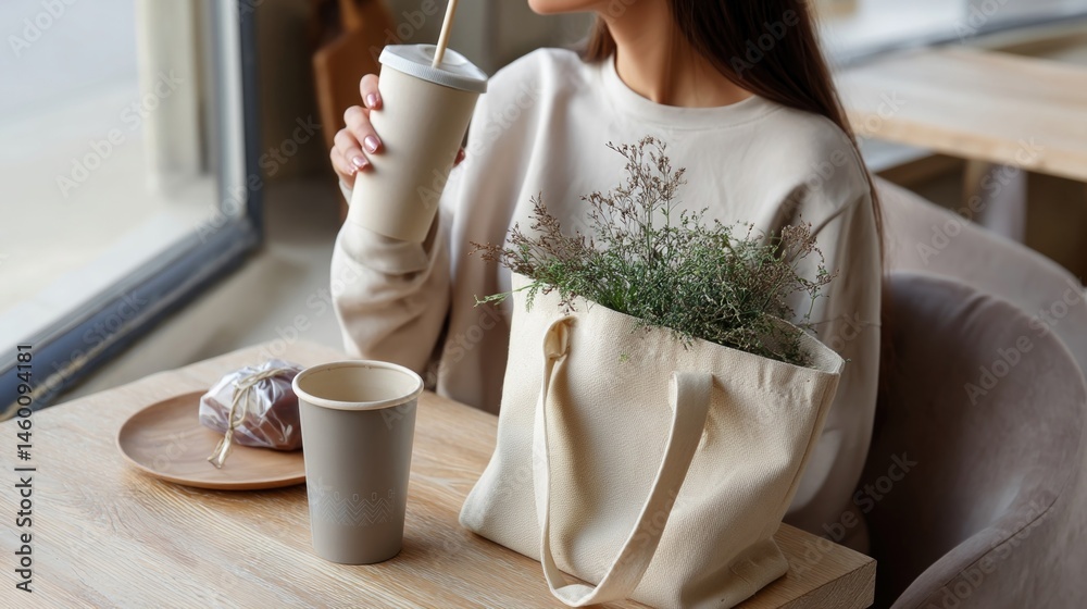 An influencer sits in a trendy café casually sipping from a branded reusable cup while reviewing a stylish tote bag filled with ecofriendly and sustainable products on the table.