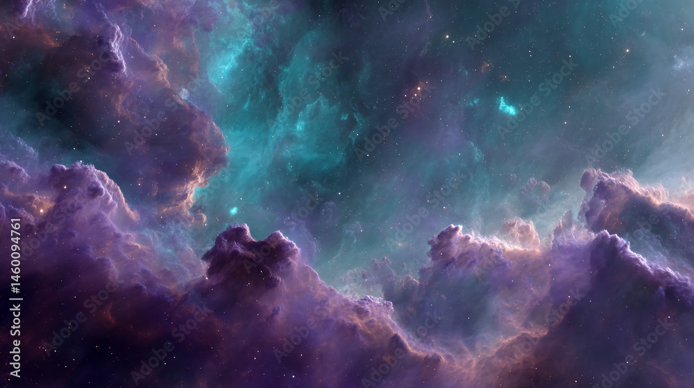 Fototapeta premium Purple and teal nebula cloudscape, cosmic dust and stars background, representing the vastness and mystery of space, ideal for fantasy or science fiction projects