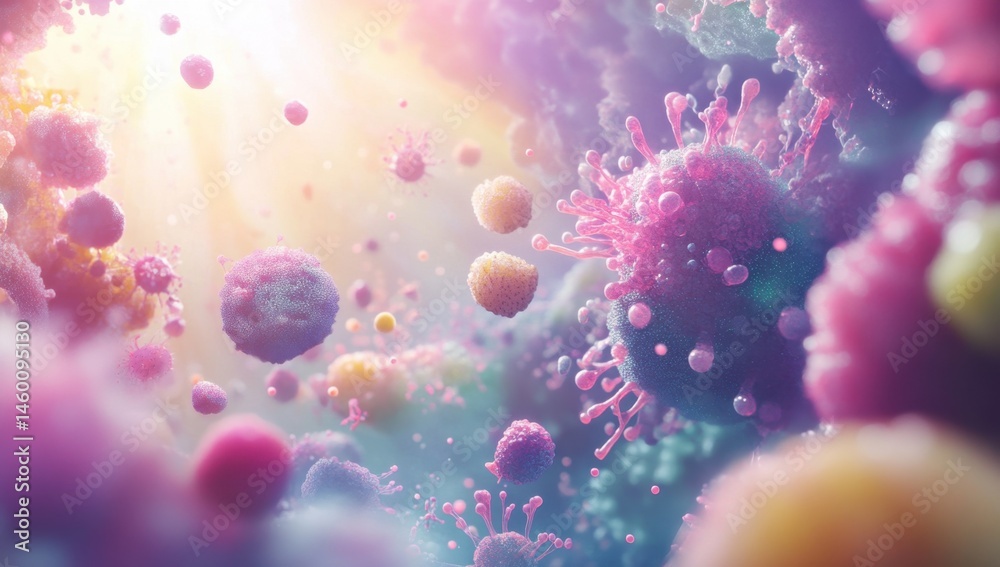 Colorful microscopic cells in vibrant motion Colorful microscopic cells in vibrant motion