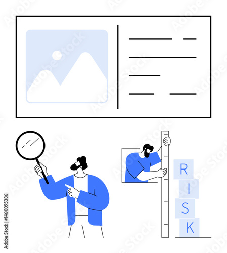 Professionals examining data, measuring factors, and assessing risks for management. Ideal for business analysis, decision-making, teamwork, risk evaluation, strategy, growth simple landing page