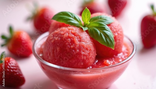 Wallpaper Mural Refreshing strawberry sorbet served in glass bowl. Decorated with basil leaves. Tasty cold dessert with fresh strawberries. Sweet, healthy food on pink background. Summer vibes, vacation mood. Torontodigital.ca
