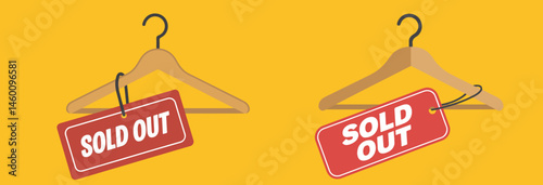 Sold Out Clothing Promotion Illustration – Flat Vector Design of Wooden Clothes Hanger with Red Tag and White 'SOLD OUT' Text for Retail and Apparel Marketing