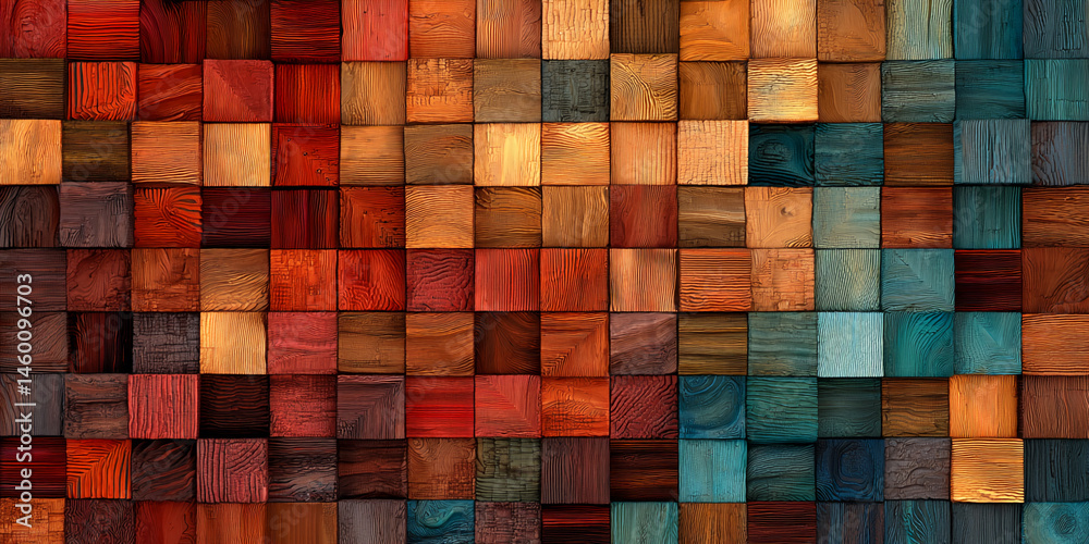 Mosaic of square wood blocks, various brown and teal tones, showcasing natural wood grain texture, ideal for rustic or modern design background Mosaic of square wood blocks, various brown and teal tones, showcasing natural wood grain texture, ideal for rustic or modern design background