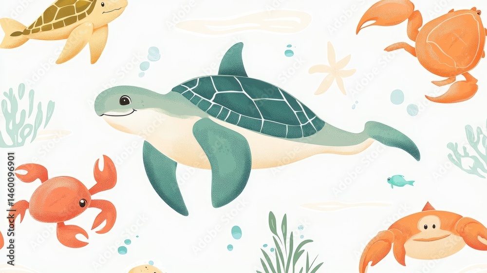 Fototapeta premium Adorable Ocean Animals: Colorful Turtles, Crabs & Sea Plants Illustration
