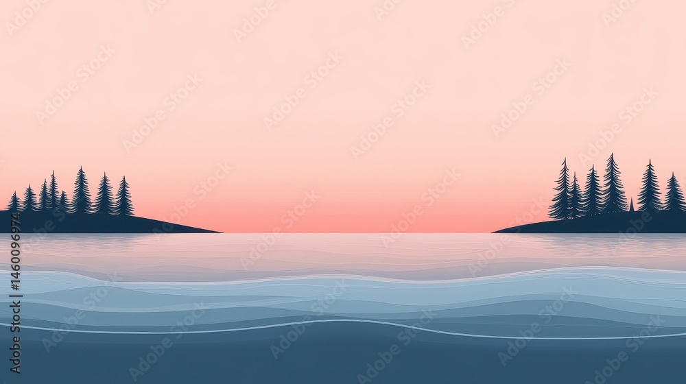 Peaceful shoreline landscape with gentle waves and silhouettes of trees. Peaceful shoreline landscape with gentle waves and silhouettes of trees.