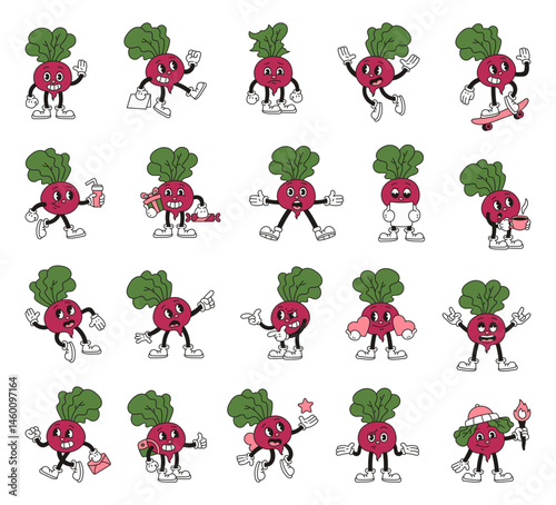 Beet vegetable cartoon characters with emotions gestures actions outfits objects and seasonal romantic elements in groovy retro outline style