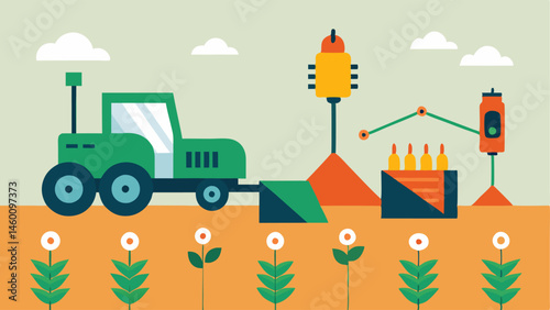 Harvesting Robots A scene depicting robotic arms on a tractor autonomously harvesting crops with an AI assistant overlay showing the optimal harvesting schedule and quality