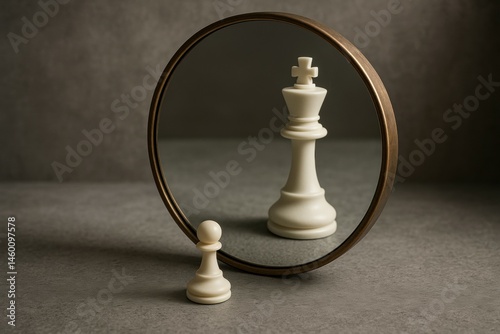Chess pawn facing round mirror with its reflection showing a king piece, symbolizing ambition, potential, transformation and growth