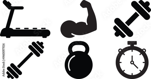 Fitness Icons Treadmill Dumbbells Kettlebell Stopwatch Strong Arm Workout Gym Graphics
